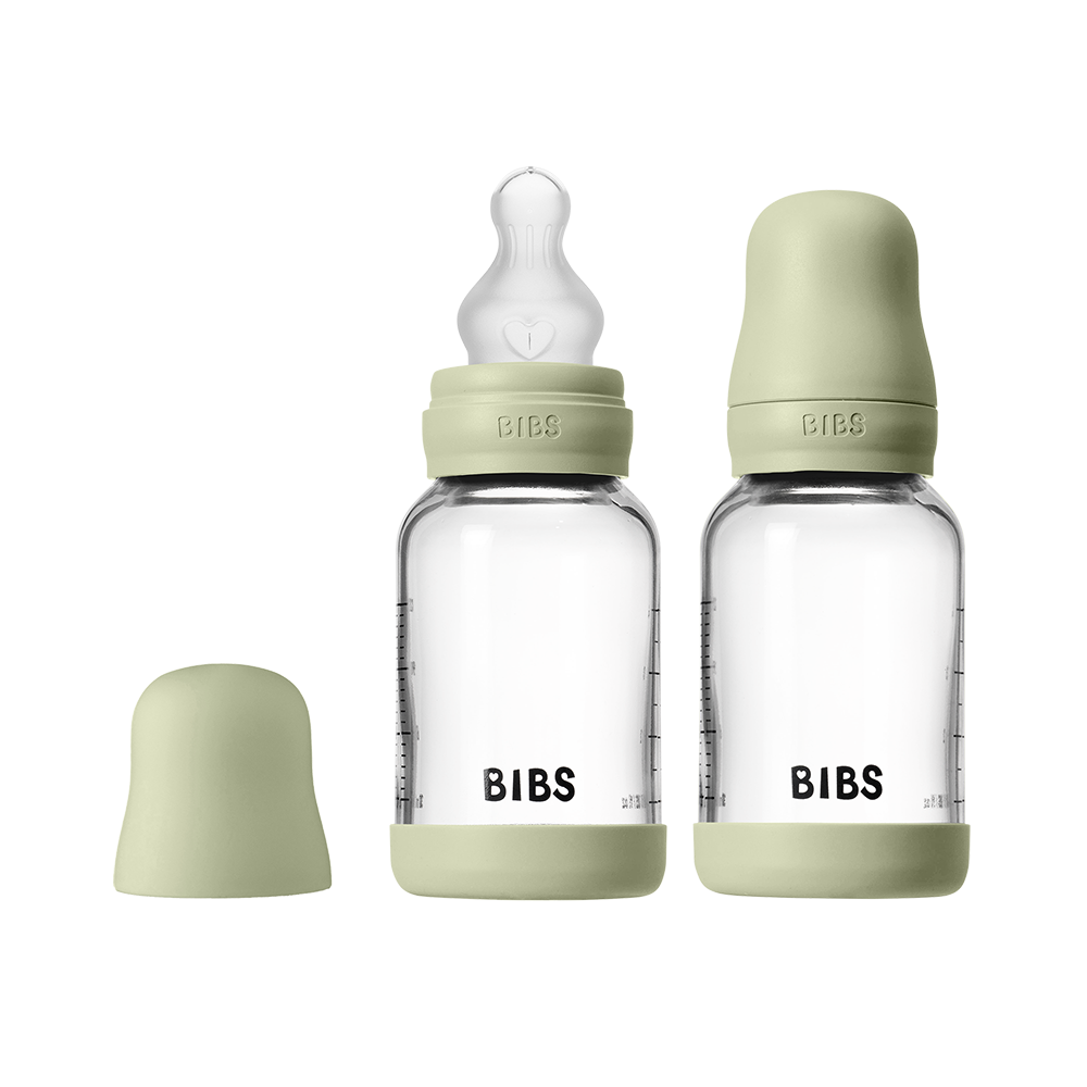 Baby Glass Bottle Set 120ml 2 Pack Silicone - Sage - BIBS