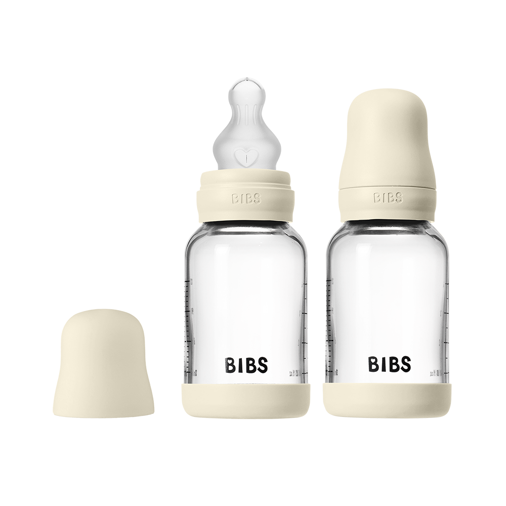 Baby Glass Bottle Set 120ml 2 Pack Silicone - Ivory - BIBS