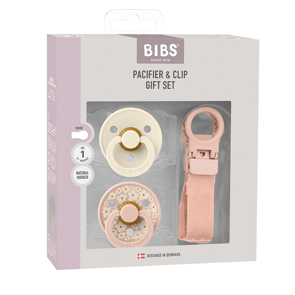 blush pacifier and clip set from bibs