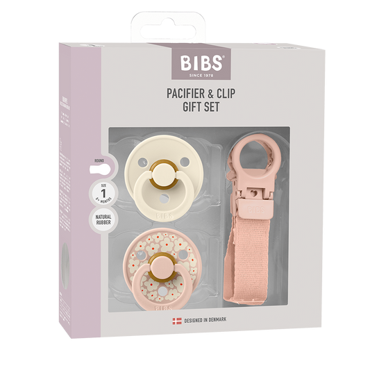 blush pacifier and clip set from bibs