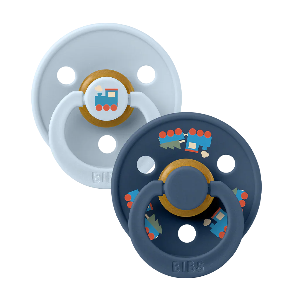Colour Holiday Train Pacifiers 2 Pack - Baby Blue/Steel Blue - BIBS