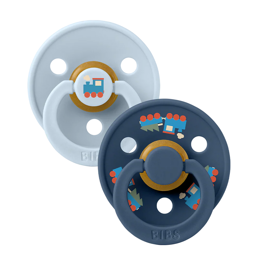 Colour Holiday Train Pacifiers 2 Pack - Baby Blue/Steel Blue - BIBS